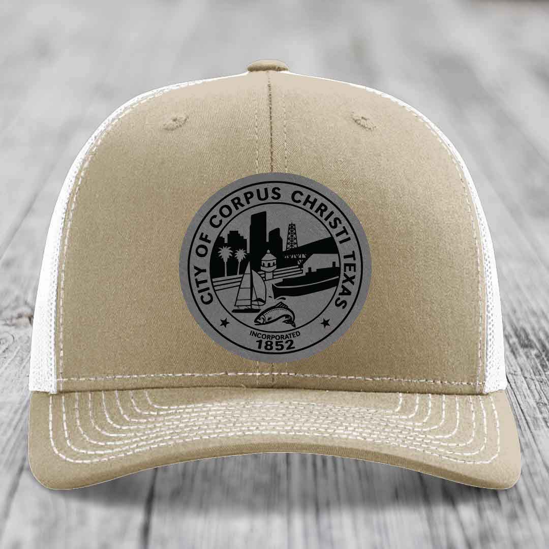 Corpus Christi Seal - Leather Patch Hat - Grey to Black Patch - Richardson 112 Snapback Trucker Hat