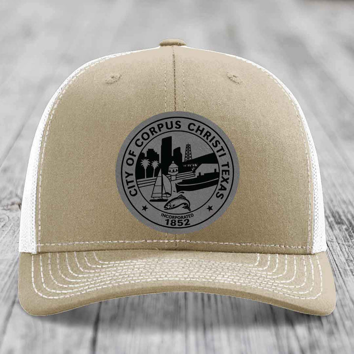 Corpus Christi Seal - Leather Patch Hat - Grey to Black Patch - Richardson 112 Snapback Trucker Hat