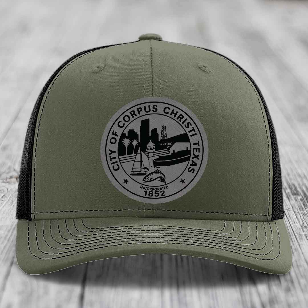 Corpus Christi Seal - Leather Patch Hat - Grey to Black Patch - Richardson 112 Snapback Trucker Hat