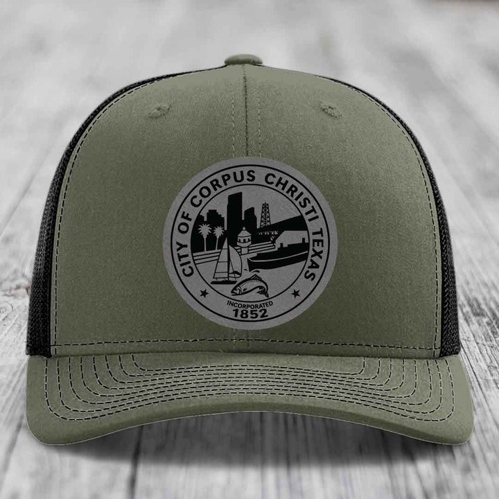 Corpus Christi Seal - Leather Patch Hat - Grey to Black Patch - Richardson 112 Snapback Trucker Hat
