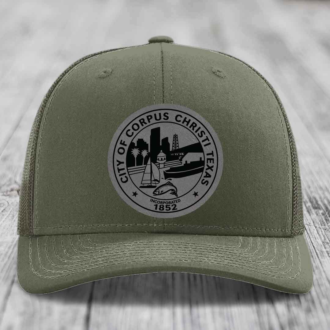 Corpus Christi Seal - Leather Patch Hat - Grey to Black Patch - Richardson 112 Snapback Trucker Hat