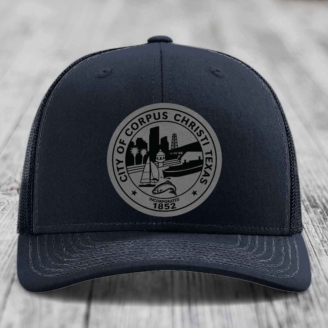 Corpus Christi Seal - Leather Patch Hat - Grey to Black Patch - Richardson 112 Snapback Trucker Hat
