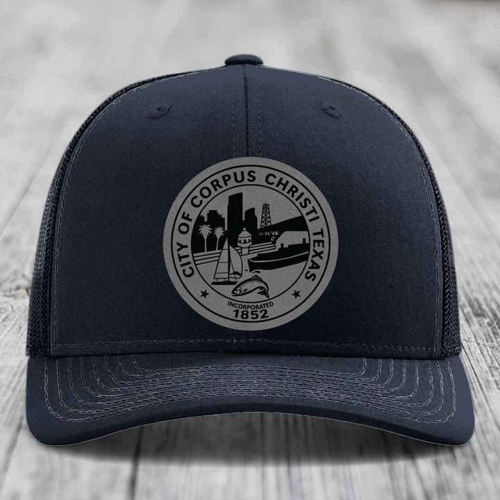 Corpus Christi Seal - Leather Patch Hat - Grey to Black Patch - Richardson 112 Snapback Trucker Hat
