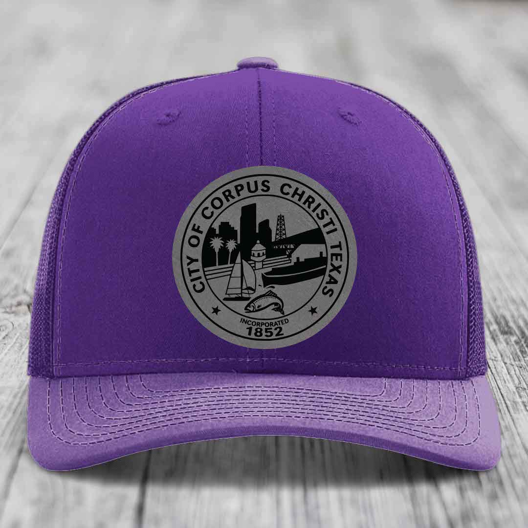 Corpus Christi Seal - Leather Patch Hat - Grey to Black Patch - Richardson 112 Snapback Trucker Hat
