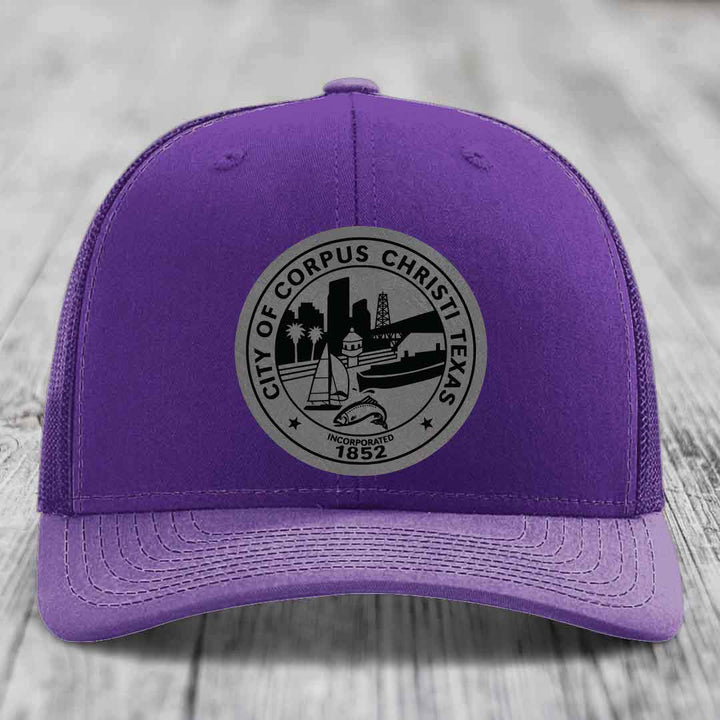 Corpus Christi Seal - Leather Patch Hat - Grey to Black Patch - Richardson 112 Snapback Trucker Hat