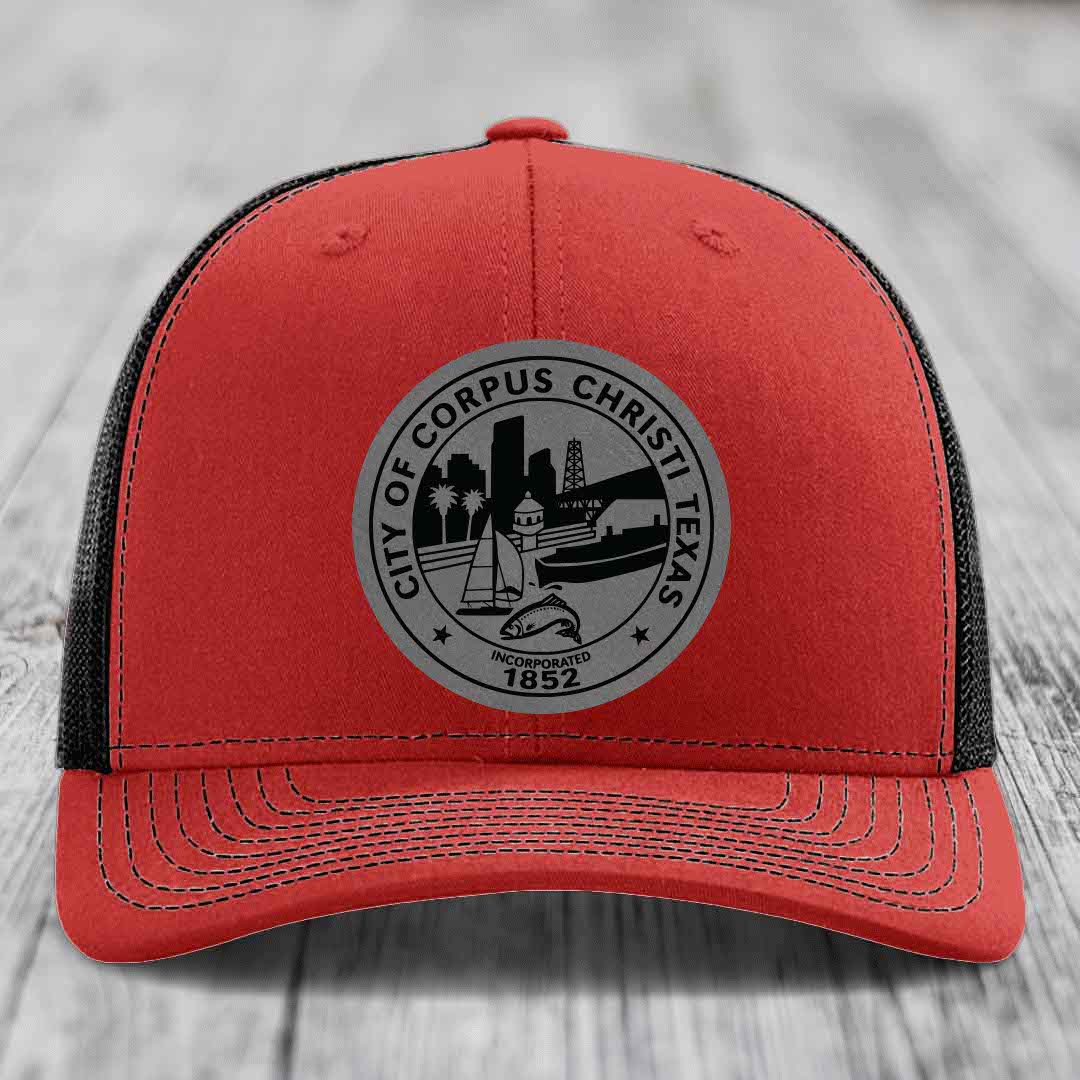 Corpus Christi Seal - Leather Patch Hat - Grey to Black Patch - Richardson 112 Snapback Trucker Hat