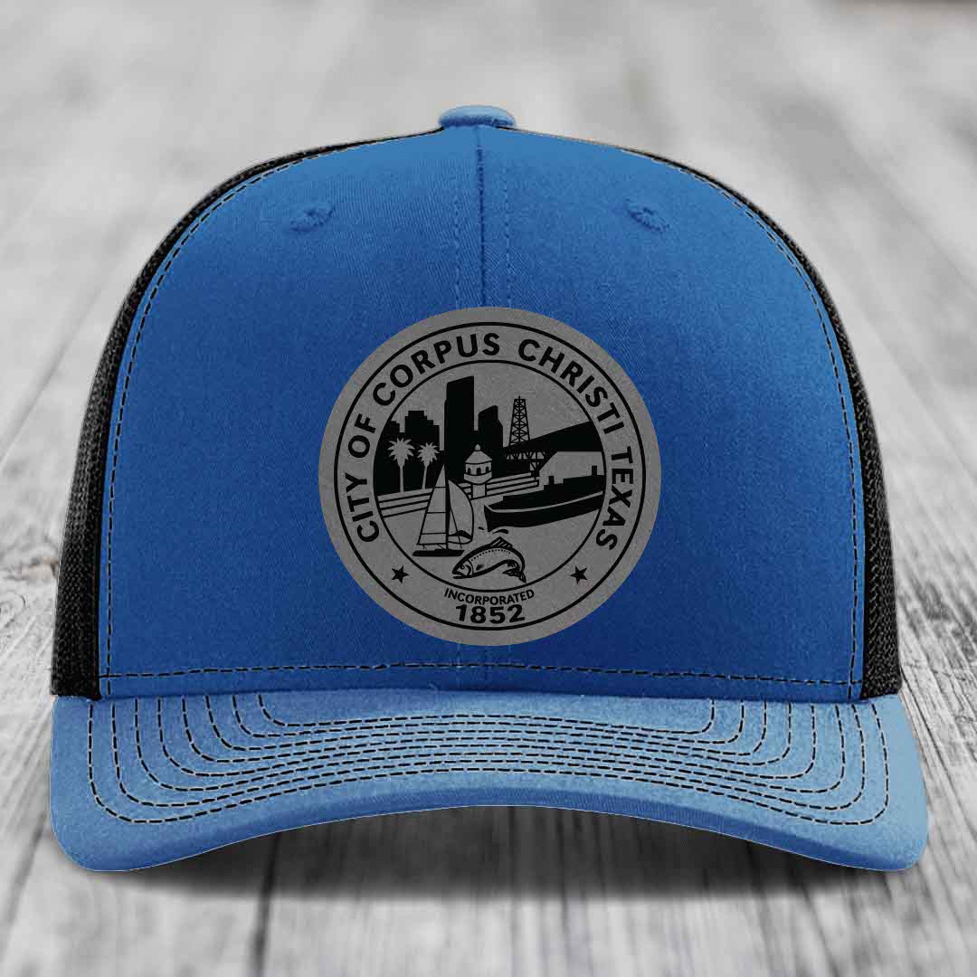 Corpus Christi Seal - Leather Patch Hat - Grey to Black Patch - Richardson 112 Snapback Trucker Hat