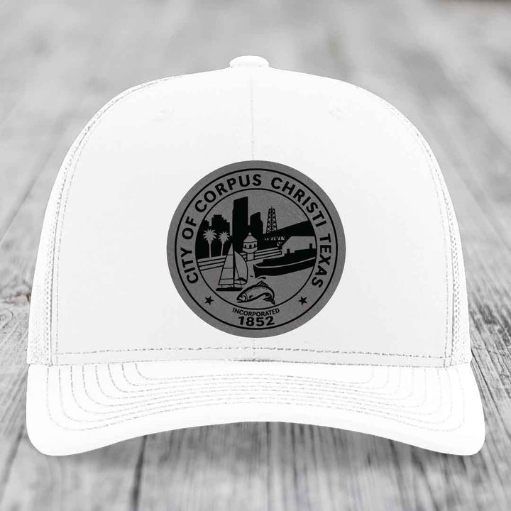 Corpus Christi Seal - Leather Patch Hat - Grey to Black Patch - Richardson 112 Snapback Trucker Hat