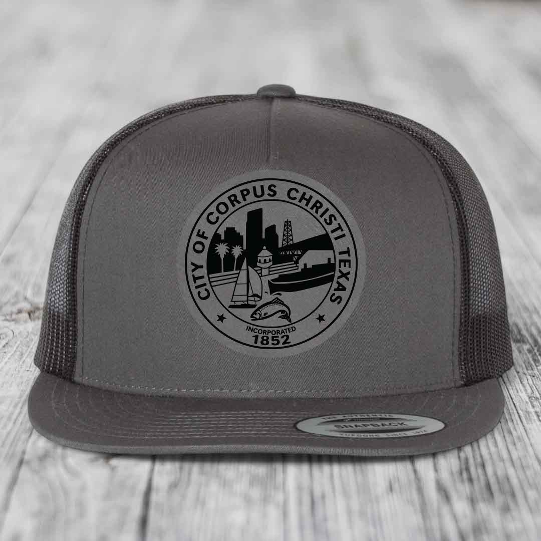 Corpus Christi Seal - Leather Patch Hat - Grey to Black Patch - Yupoong 6006 Snapback Flatbill Hat