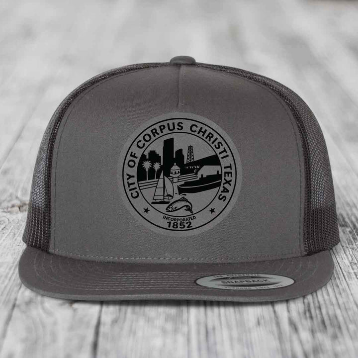 Corpus Christi Seal - Leather Patch Hat - Grey to Black Patch - Yupoong 6006 Snapback Flatbill Hat
