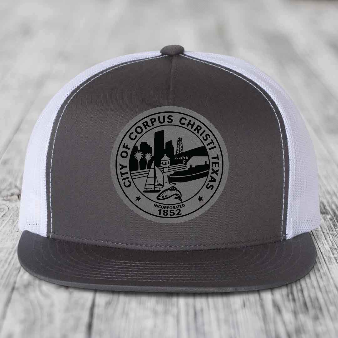 Corpus Christi Seal - Leather Patch Hat - Grey to Black Patch - Yupoong 6006 Snapback Flatbill Hat