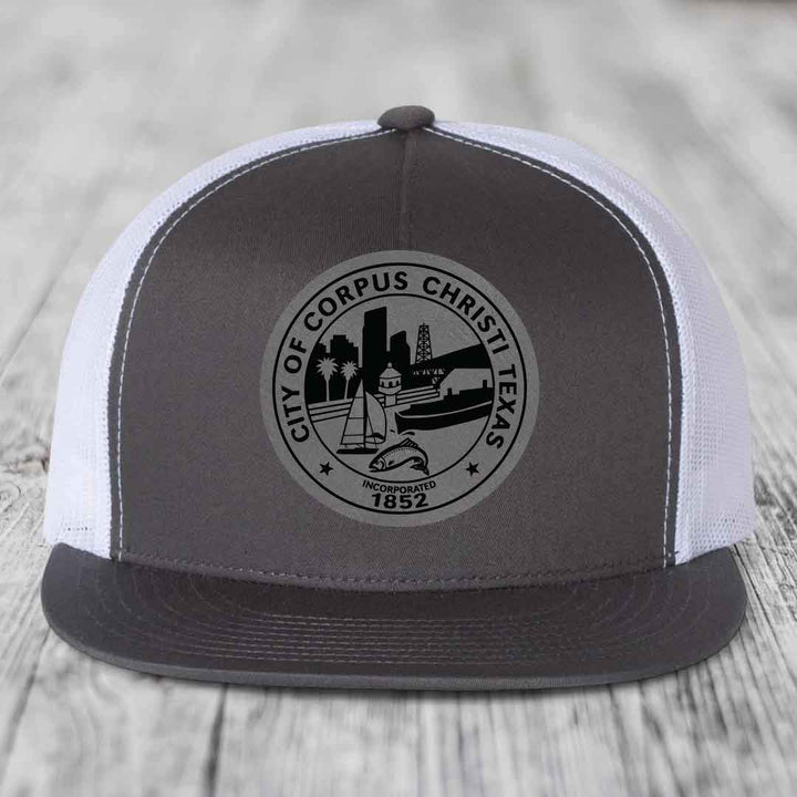 Corpus Christi Seal - Leather Patch Hat - Grey to Black Patch - Yupoong 6006 Snapback Flatbill Hat
