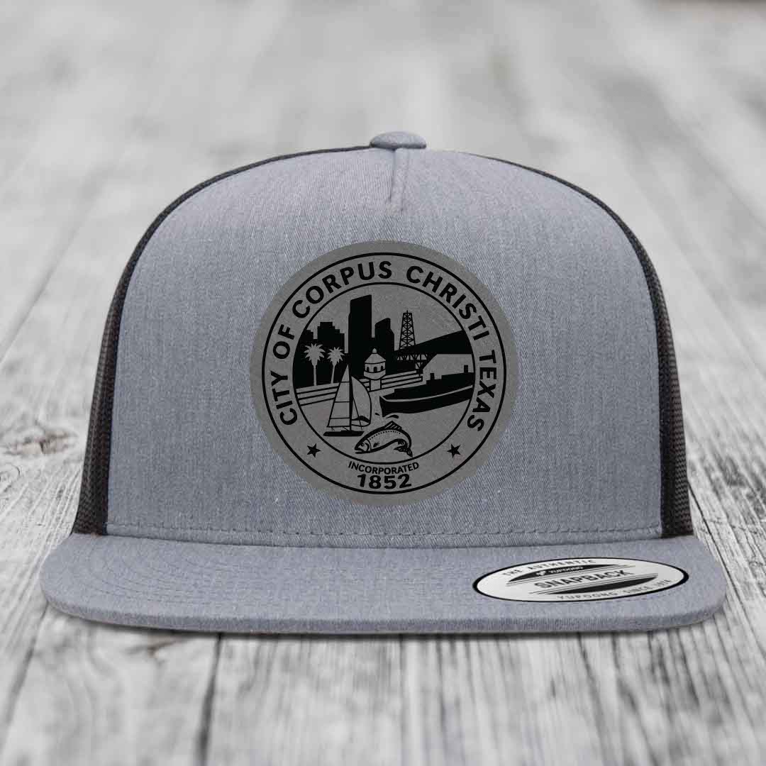 Corpus Christi Seal - Leather Patch Hat - Grey to Black Patch - Yupoong 6006 Snapback Flatbill Hat
