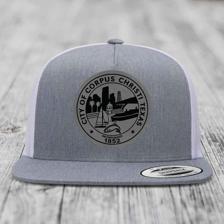 Corpus Christi Seal - Leather Patch Hat - Grey to Black Patch - Yupoong 6006 Snapback Flatbill Hat