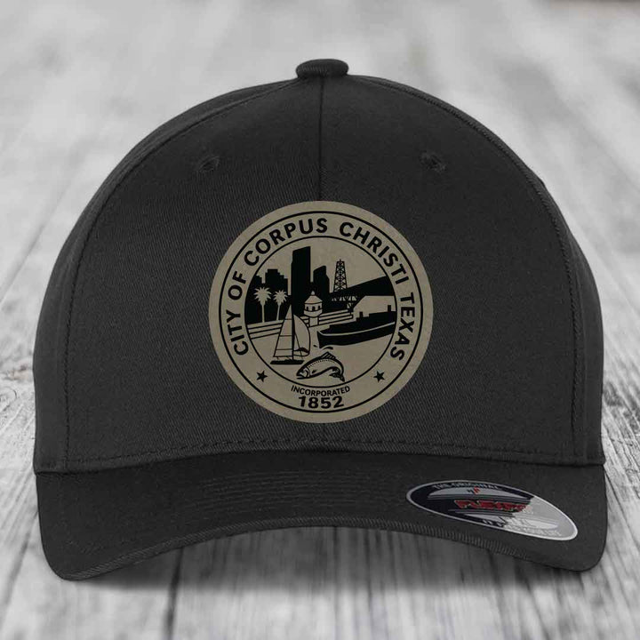 Corpus Christi Seal - Leather Patch Hat - Light Brown to Black Patch - Flexfit 6277 Fitted Hat