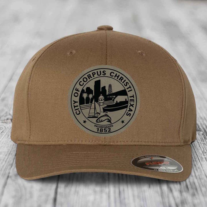 Corpus Christi Seal - Leather Patch Hat - Light Brown to Black Patch - Flexfit 6277 Fitted Hat
