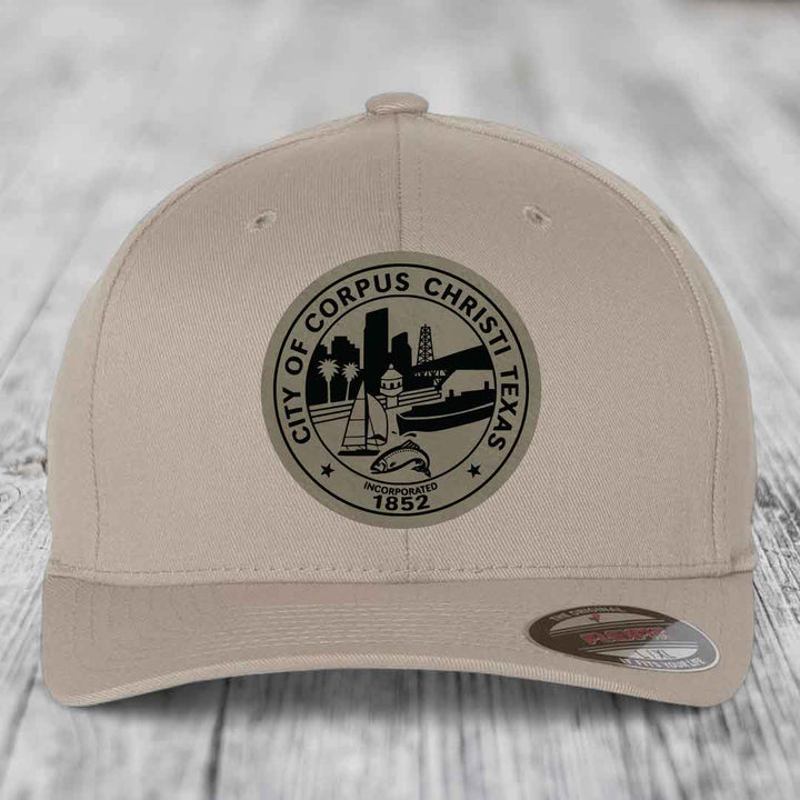Corpus Christi Seal - Leather Patch Hat - Light Brown to Black Patch - Flexfit 6277 Fitted Hat