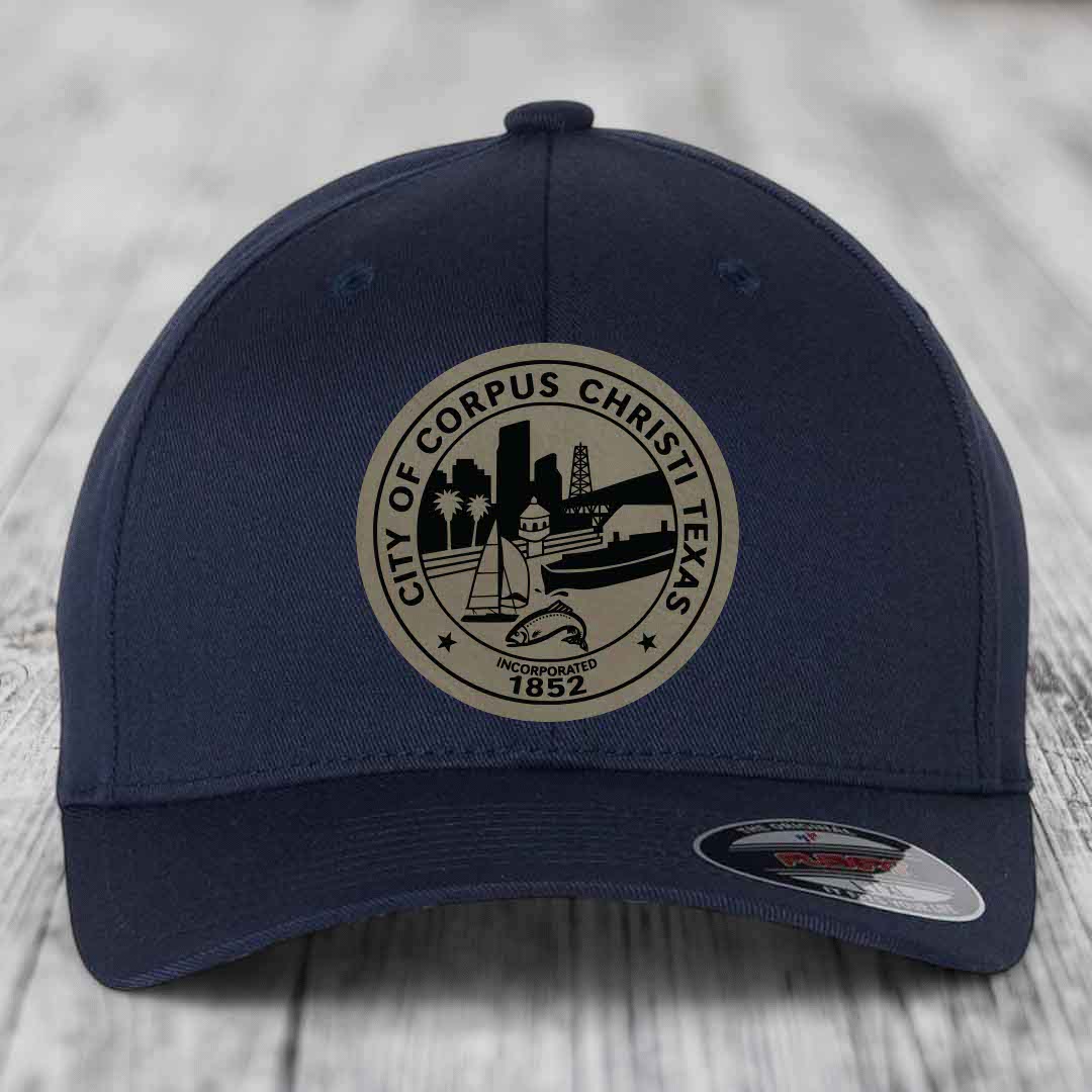 Corpus Christi Seal - Leather Patch Hat - Light Brown to Black Patch - Flexfit 6277 Fitted Hat