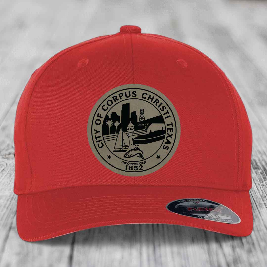 Corpus Christi Seal - Leather Patch Hat - Light Brown to Black Patch - Flexfit 6277 Fitted Hat