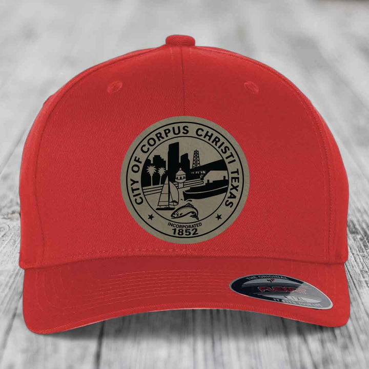 Corpus Christi Seal - Leather Patch Hat - Light Brown to Black Patch - Flexfit 6277 Fitted Hat