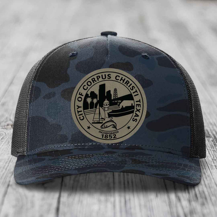 Corpus Christi Seal - Leather Patch Hat - Light Brown to Black Patch - Richardson 112PFP Snapback Trucker Hat
