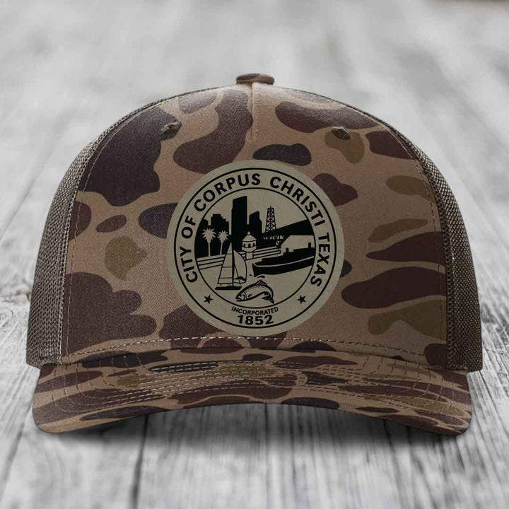 Corpus Christi Seal - Leather Patch Hat - Light Brown to Black Patch - Richardson 112PFP Snapback Trucker Hat