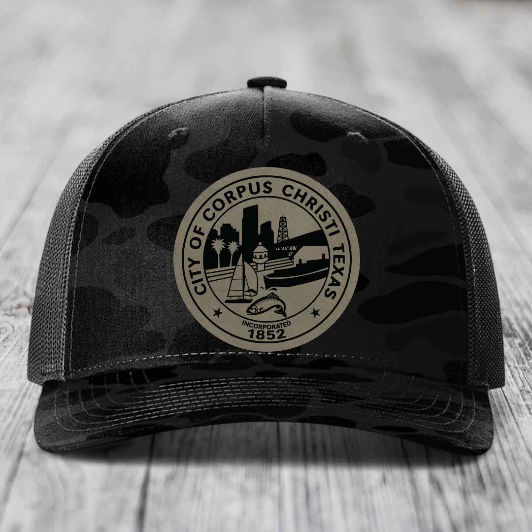 Corpus Christi Seal - Leather Patch Hat - Light Brown to Black Patch - Richardson 112PFP Snapback Trucker Hat