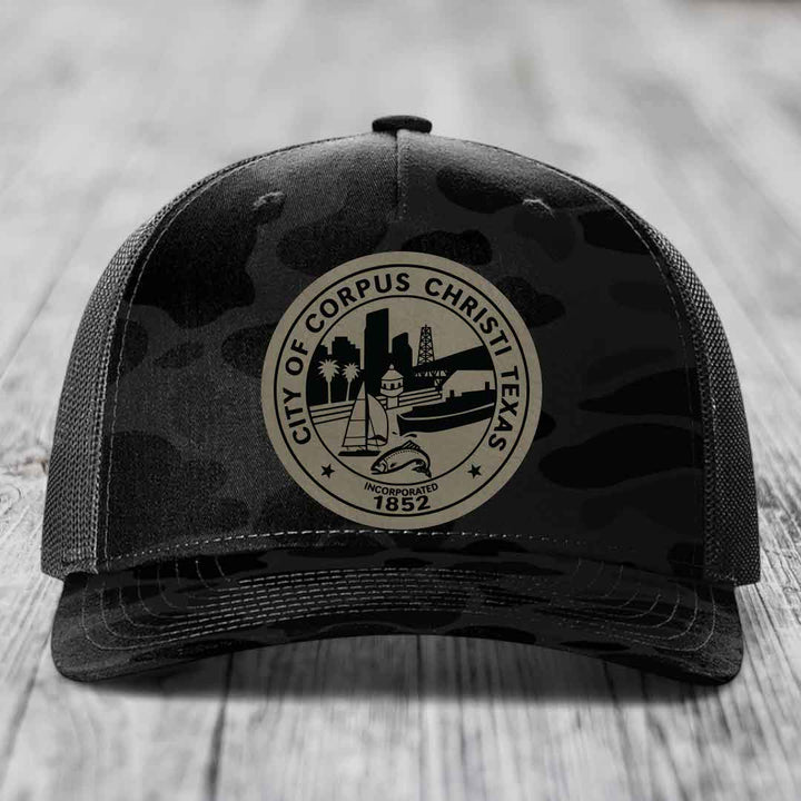 Corpus Christi Seal - Leather Patch Hat - Light Brown to Black Patch - Richardson 112PFP Snapback Trucker Hat
