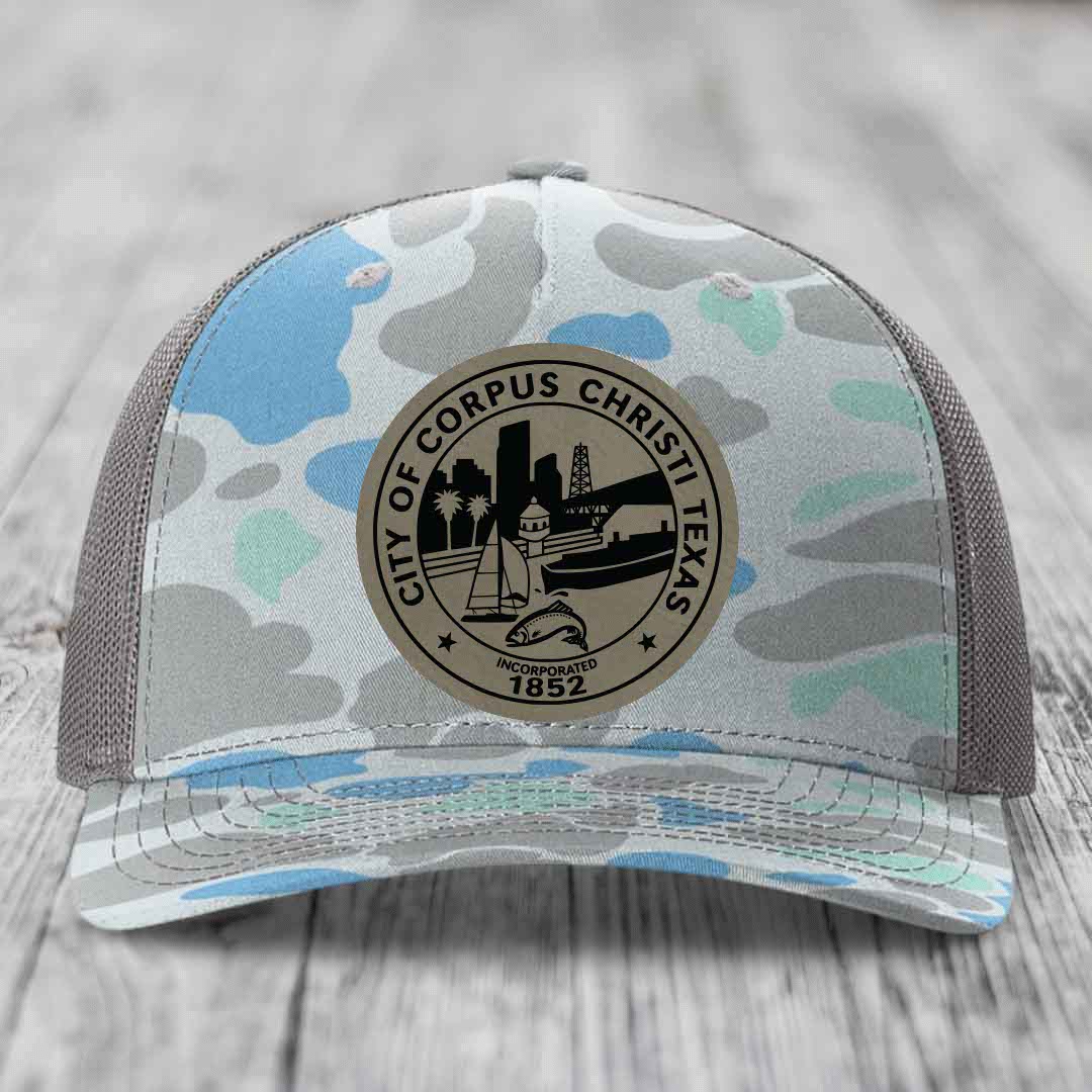 Corpus Christi Seal - Leather Patch Hat - Light Brown to Black Patch - Richardson 112PFP Snapback Trucker Hat