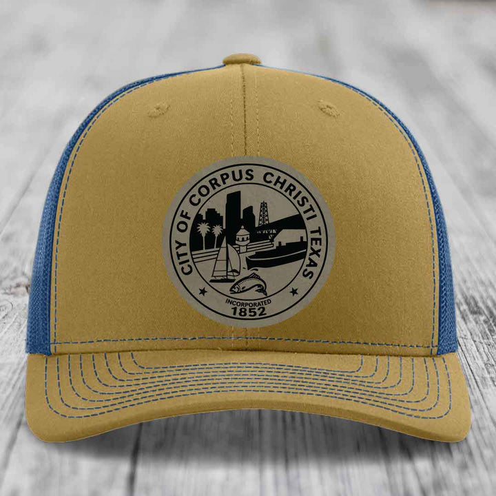 Corpus Christi Seal - Leather Patch Hat - Light Brown to Black Patch - Richardson 112 Snapback Trucker Hat