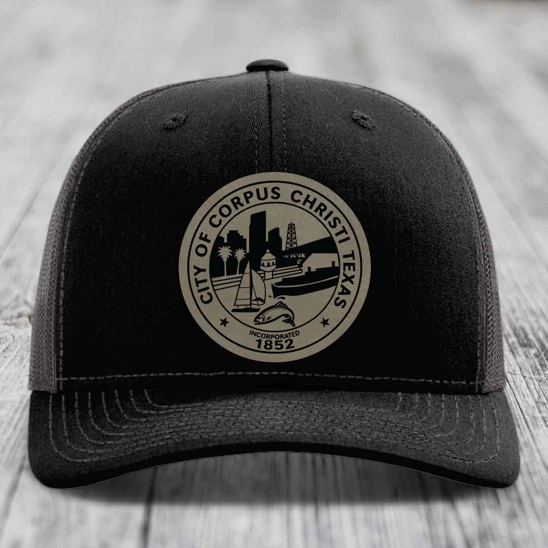 Corpus Christi Seal - Leather Patch Hat - Light Brown to Black Patch - Richardson 112 Snapback Trucker Hat