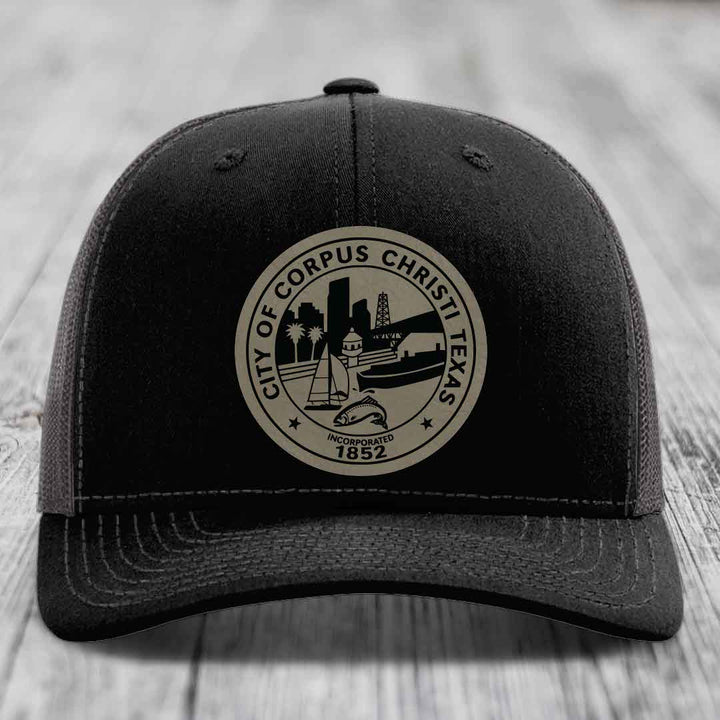 Corpus Christi Seal - Leather Patch Hat - Light Brown to Black Patch - Richardson 112 Snapback Trucker Hat