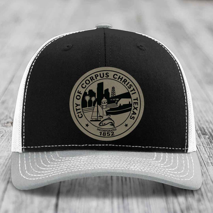 Corpus Christi Seal - Leather Patch Hat - Light Brown to Black Patch - Richardson 112 Snapback Trucker Hat