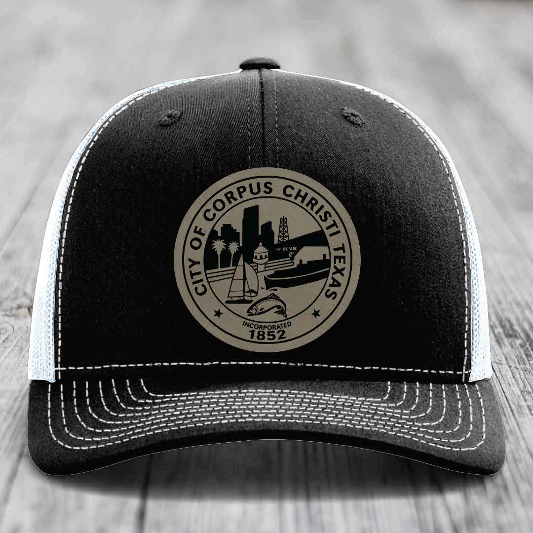 Corpus Christi Seal - Leather Patch Hat - Light Brown to Black Patch - Richardson 112 Snapback Trucker Hat