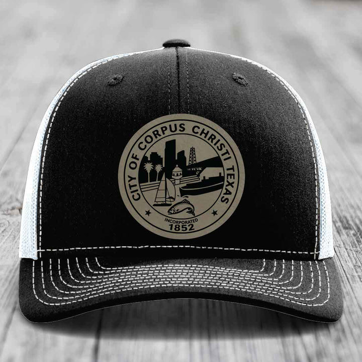 Corpus Christi Seal - Leather Patch Hat - Light Brown to Black Patch - Richardson 112 Snapback Trucker Hat