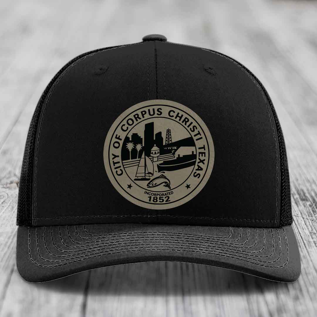 Corpus Christi Seal - Leather Patch Hat - Light Brown to Black Patch - Richardson 112 Snapback Trucker Hat