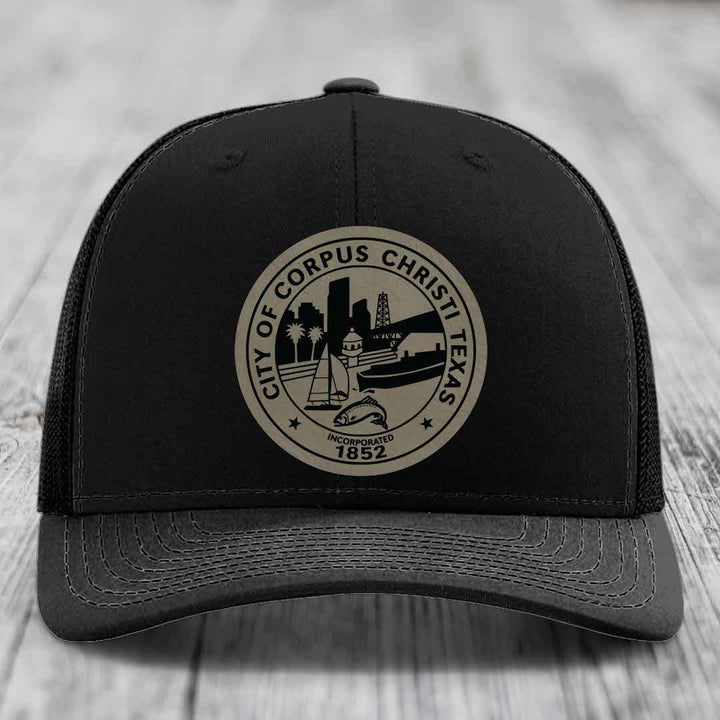 Corpus Christi Seal - Leather Patch Hat - Light Brown to Black Patch - Richardson 112 Snapback Trucker Hat