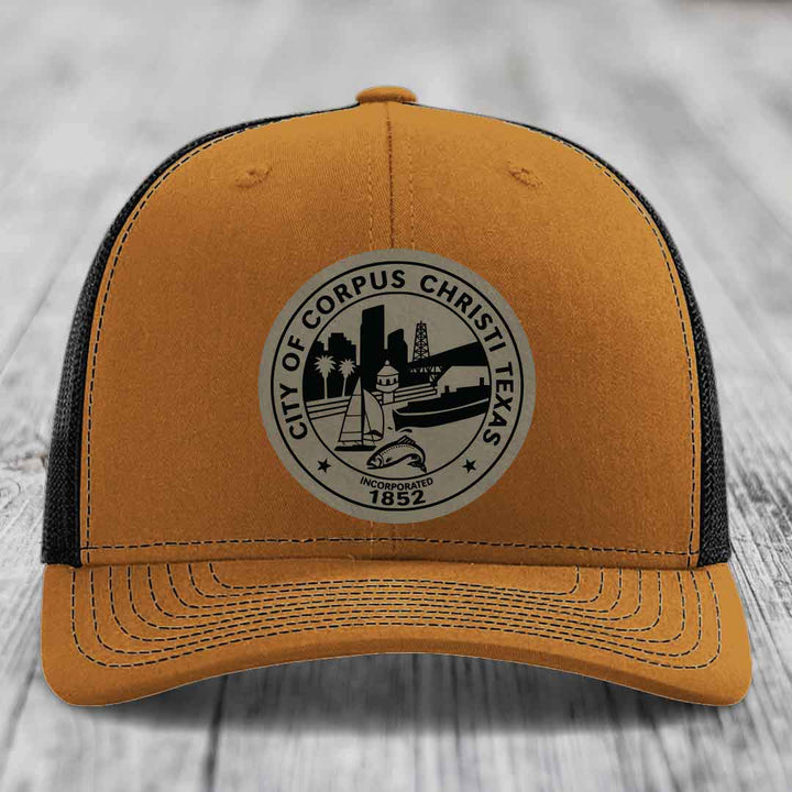 Corpus Christi Seal - Leather Patch Hat - Light Brown to Black Patch - Richardson 112 Snapback Trucker Hat
