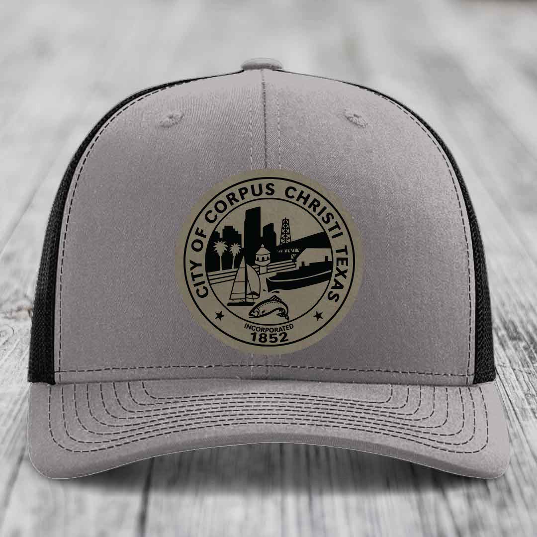 Corpus Christi Seal - Leather Patch Hat - Light Brown to Black Patch - Richardson 112 Snapback Trucker Hat