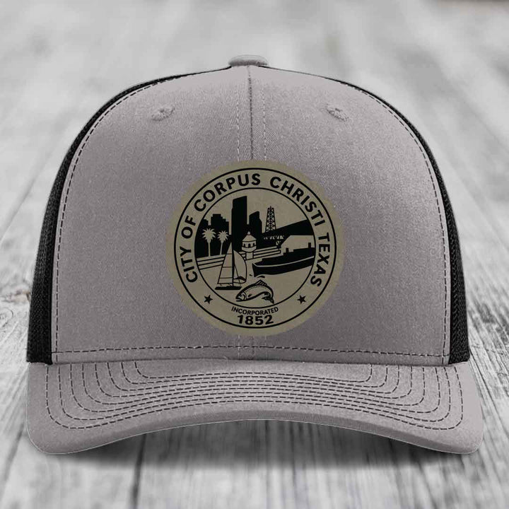 Corpus Christi Seal - Leather Patch Hat - Light Brown to Black Patch - Richardson 112 Snapback Trucker Hat