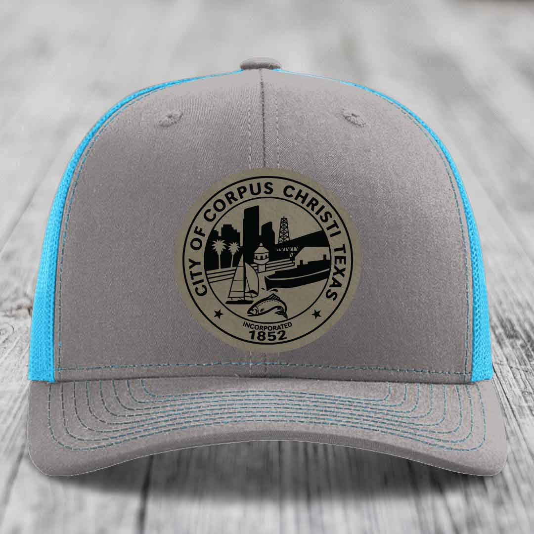 Corpus Christi Seal - Leather Patch Hat - Light Brown to Black Patch - Richardson 112 Snapback Trucker Hat