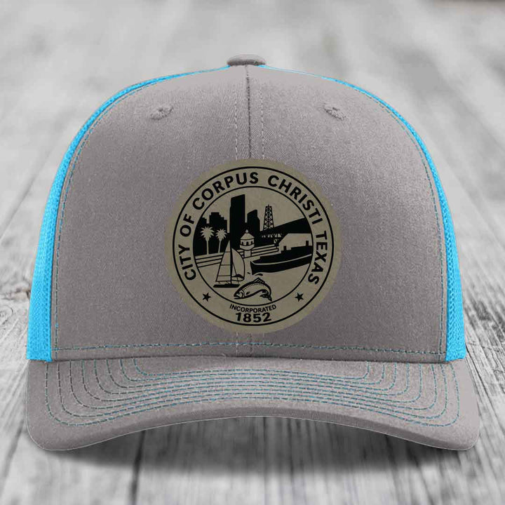Corpus Christi Seal - Leather Patch Hat - Light Brown to Black Patch - Richardson 112 Snapback Trucker Hat