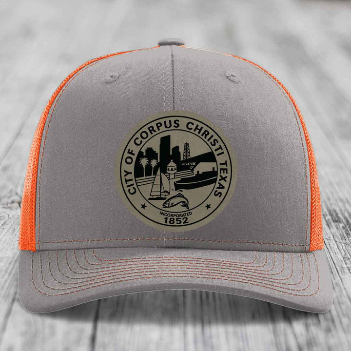 Corpus Christi Seal - Leather Patch Hat - Light Brown to Black Patch - Richardson 112 Snapback Trucker Hat