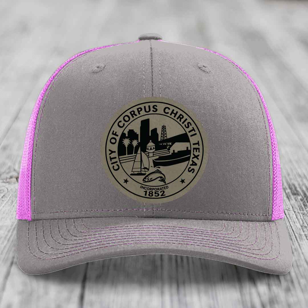 Corpus Christi Seal - Leather Patch Hat - Light Brown to Black Patch - Richardson 112 Snapback Trucker Hat