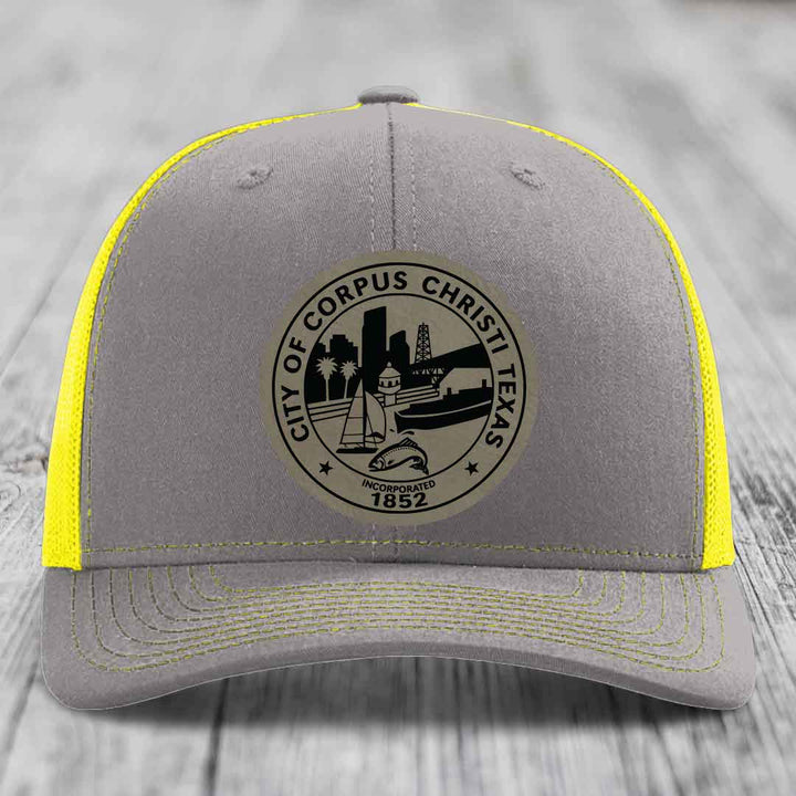 Corpus Christi Seal - Leather Patch Hat - Light Brown to Black Patch - Richardson 112 Snapback Trucker Hat