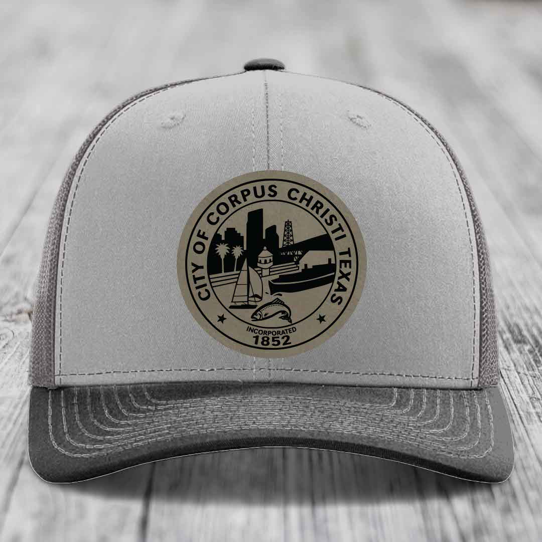Corpus Christi Seal - Leather Patch Hat - Light Brown to Black Patch - Richardson 112 Snapback Trucker Hat