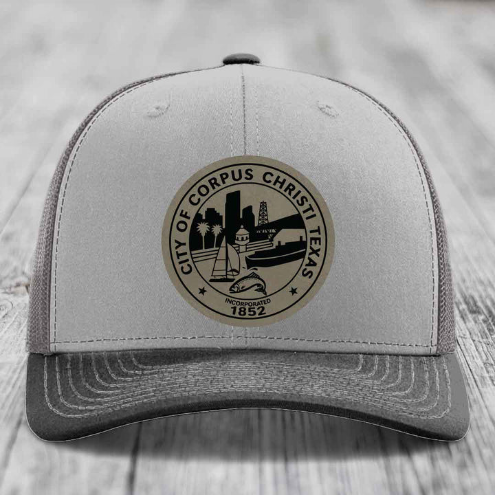 Corpus Christi Seal - Leather Patch Hat - Light Brown to Black Patch - Richardson 112 Snapback Trucker Hat