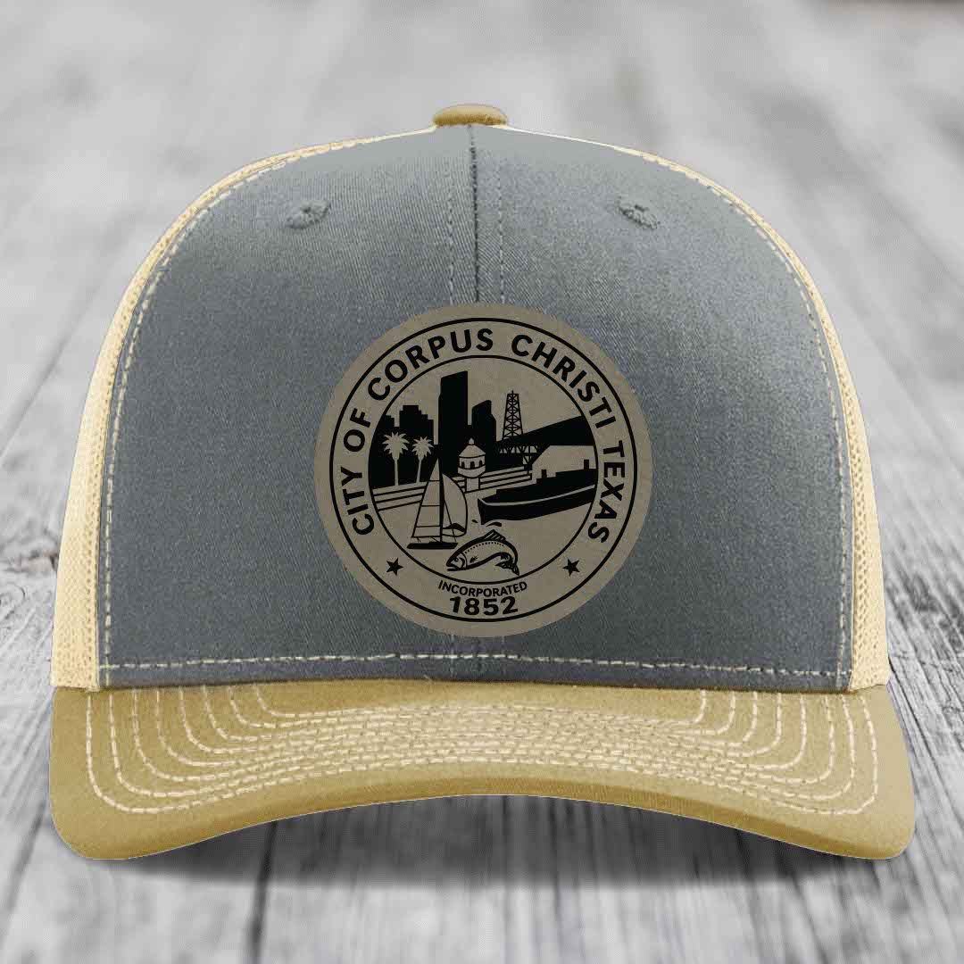 Corpus Christi Seal - Leather Patch Hat - Light Brown to Black Patch - Richardson 112 Snapback Trucker Hat