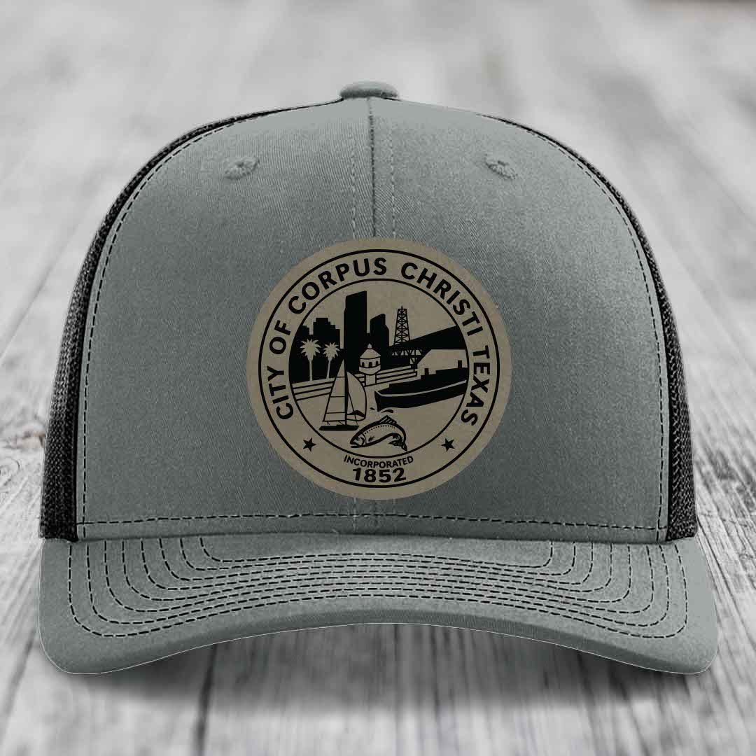 Corpus Christi Seal - Leather Patch Hat - Light Brown to Black Patch - Richardson 112 Snapback Trucker Hat