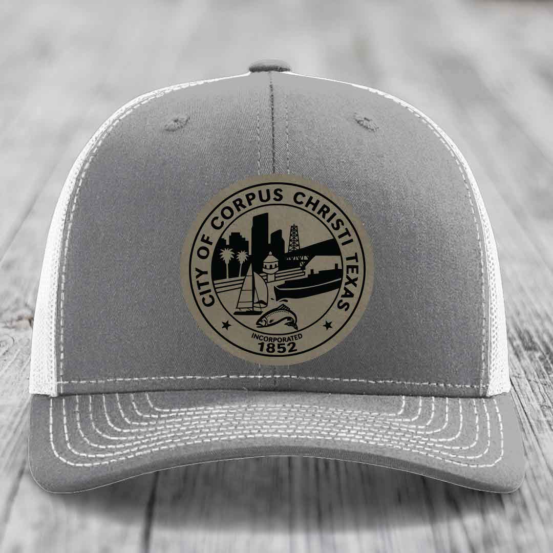 Corpus Christi Seal - Leather Patch Hat - Light Brown to Black Patch - Richardson 112 Snapback Trucker Hat